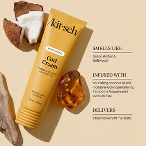 KITSCH Moisturizing Curl Cream with coconut, amber and driftwood: smells like Salted Amber & Driftwood; infused with nourishing coconut oil and moisture-locking emollients; delivers a touchable hold that lasts