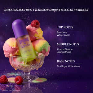 KITSCH Lisa Frank x Kitsch Cosmic Sundae Hair & Body Perfume Mist — bottle in a glass sundae dish of rainbow sorbet with raspberries, listing top notes raspberry and white pepper, middle notes almond blossom and jasmine petals, base notes pink sugar and white musks — fruity gourmand blend, fruity rainbow sorbet & sugar stardust — a sweet escape into the colorful world of Lisa Frank