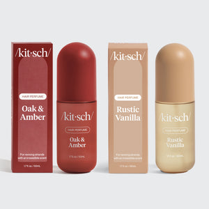 Kitsch Holiday Duo – Rustic Vanilla and Oak & Amber hair perfumes paired on a festive neutral background