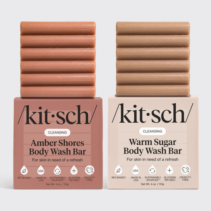 Kitsch Vanilla Vacation Body Bar Duo with Amber Shores and Warm Sugar Body Wash Bars and packaging