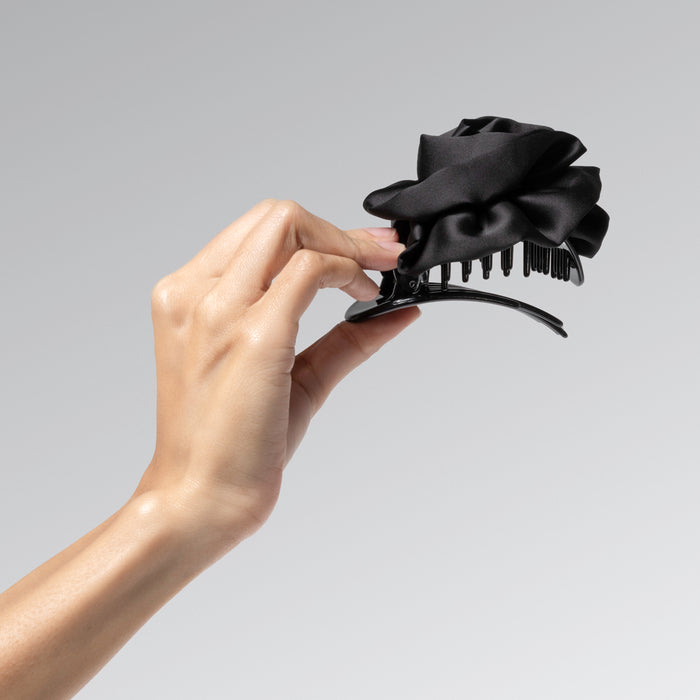 Satin Rosette Flat Cloud Clip in Black - Medium