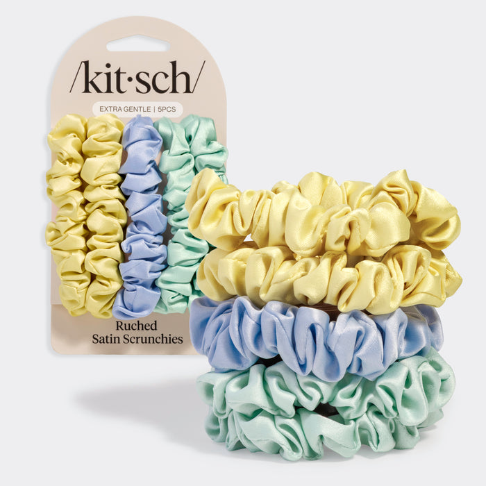 KITSCH Coastal Cottage Multi-color Ruched Satin Scrunchies — hero product shot with /kit·sch/ packaging — Extra Gentle | 5pcs in butter yellow, lavender blue & sage green — Silky material protects hair while you sleep or style, gentle snag-free hold