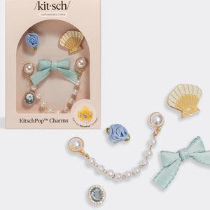 KitschPop Coastal Cottage Charm Collection 6pc set – seashell, mint bow, pearl chain, rosette & rhinestone