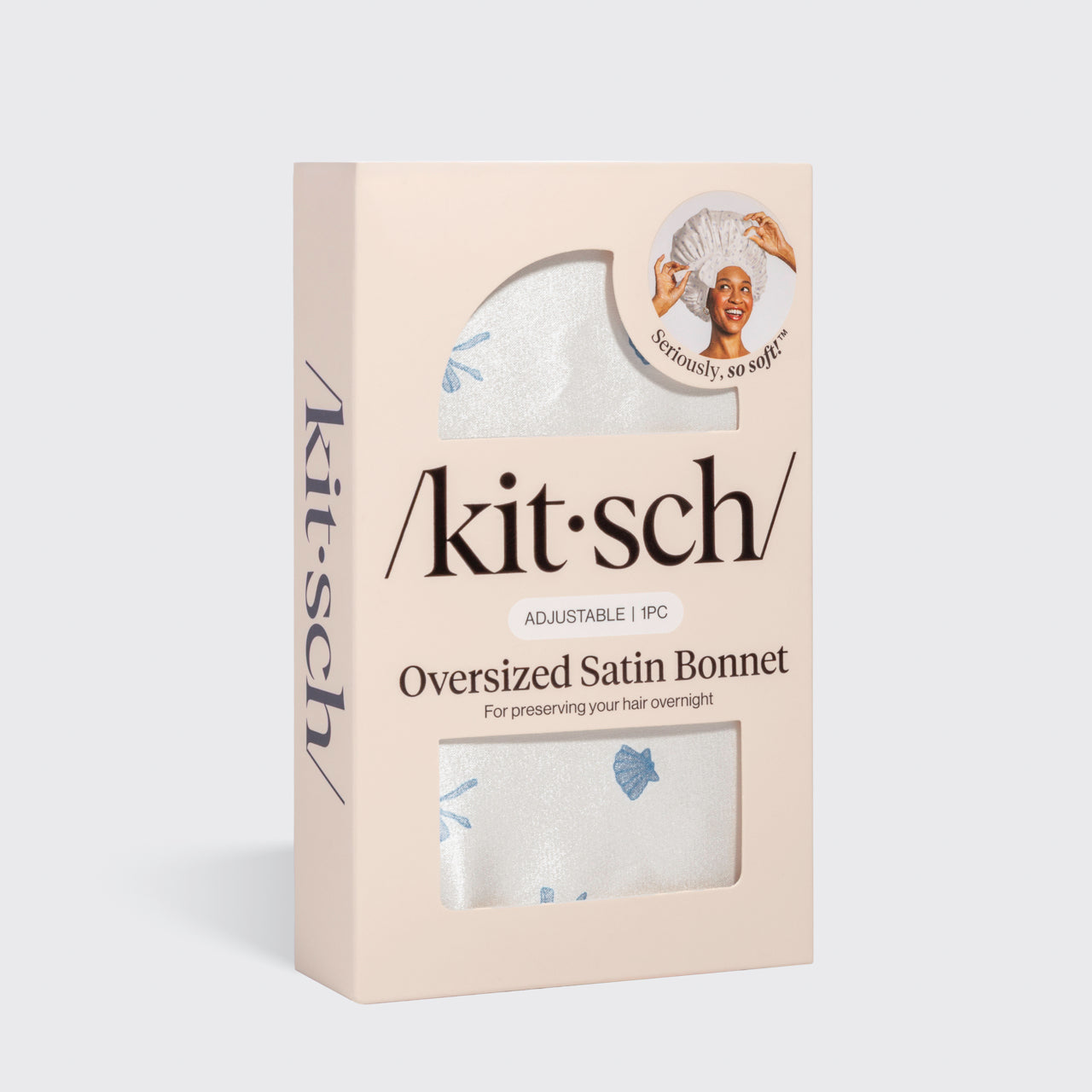 KITSCH Pearlized Cream & Coastal Blue Print Oversized Satin Bonnet — packaging shot — adjustable, double-layered satin
