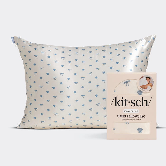 KITSCH Satin Pillowcase in Pearlized Cream & Coastal Blue Print — hero product shot with /kit·sch/ packaging — coastal blue seashells & bows print on pearlized cream satin — Standard 1pc — For hair & skin-loving comfort