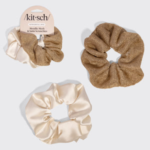 KITSCH Cream & Gold Metallic Mesh and Satin Scrunchies 2pc Set — hero product shot