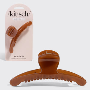 Kitsch translucent Mocha Arched Claw Clip - Large shown with pink Kitsch packaging and front view