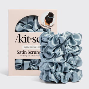 KITSCH Haze Blue Satin Sleep Scrunchies 5pc Set — stack of 5 haze blue satin scrunchies in front of KITSCH packaging