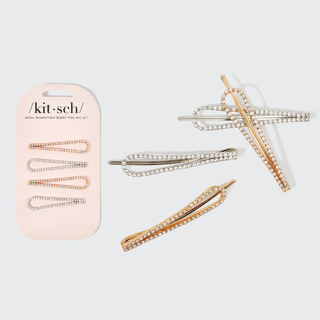 Metal Rhinestone Drop Bobby Pins 4pc Set Silver