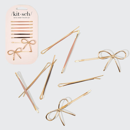 Metal Enamel Puffy & Bow Bobby Pins 8pc Set Rosewood