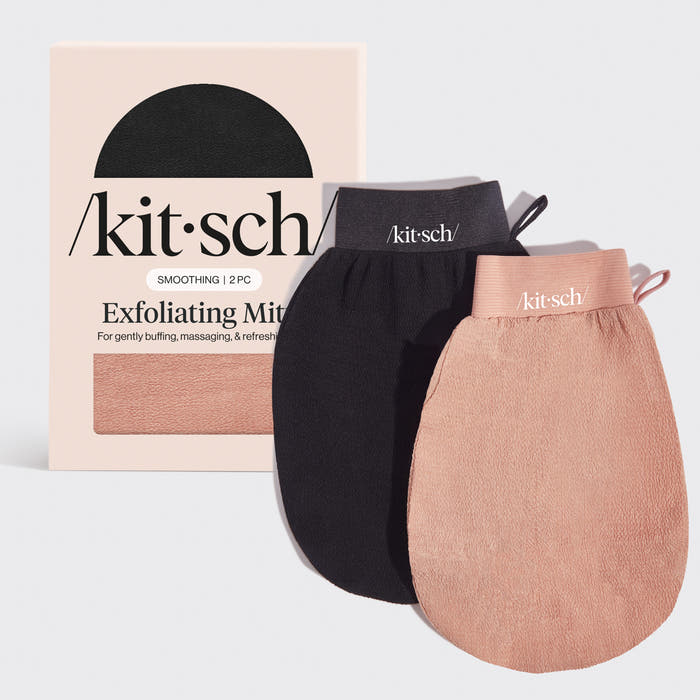 Kitsch Black and Terracotta Exfoliating Gloves 2pc Set displayed next to product packaging on a white background