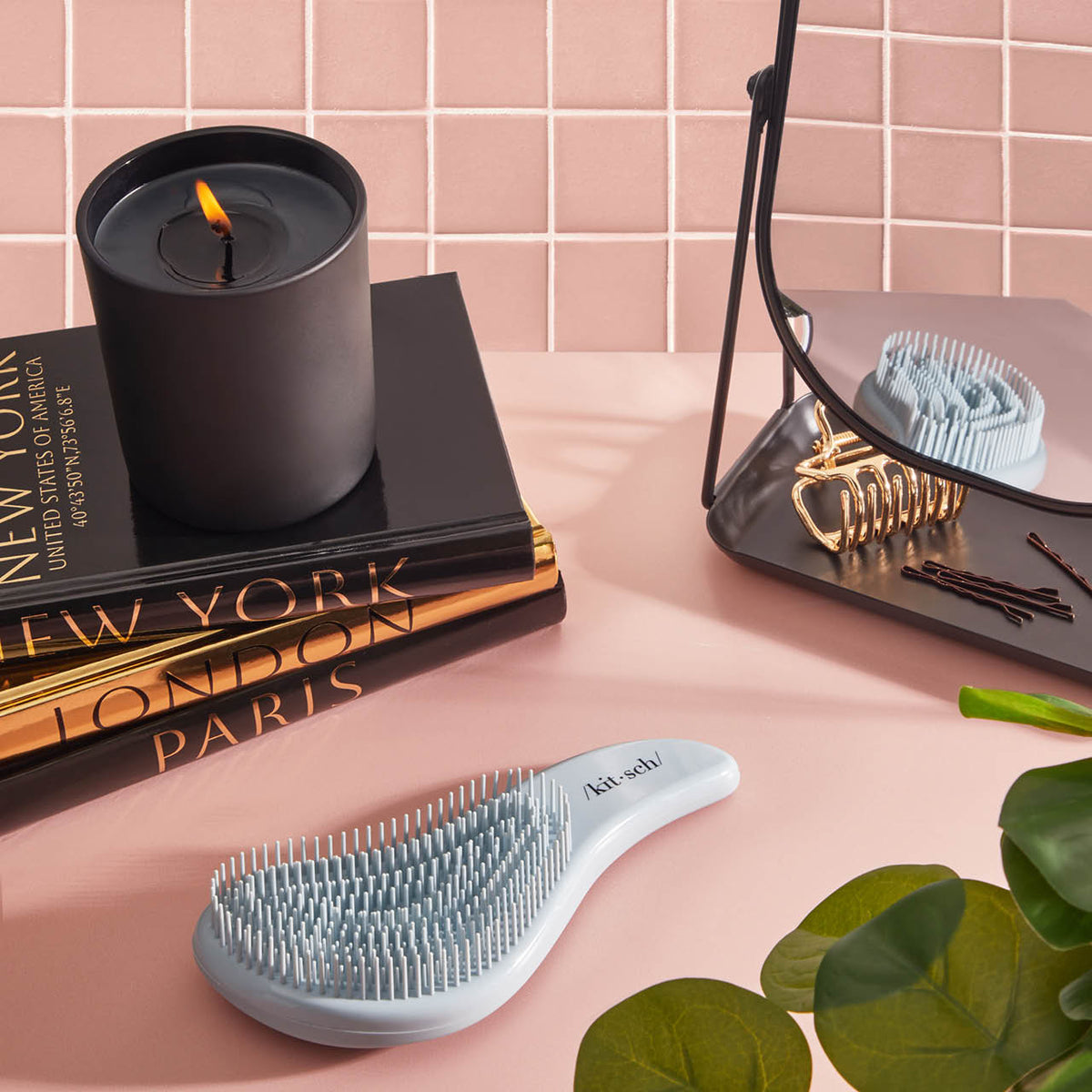 KITSCH Haze Blue Detangling Brush — product with packaging and a 5-star customer review — Thoughtfully designed for many hair types — trusted by customers for effortless, tangle-free results