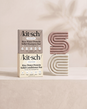 Kitsch Strengthening Rice Water Protein Solid Shampoo and Conditioner Bars shown side by side with retail packaging – clinically proven to increase hair volume by 20% after 5 washes, for thin, fine and damaged hair